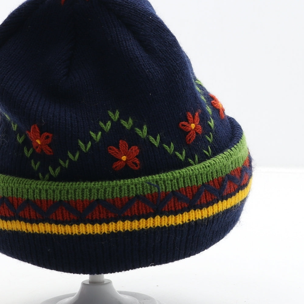Preworn Girls Blue Floral Acrylic Beanie Size S