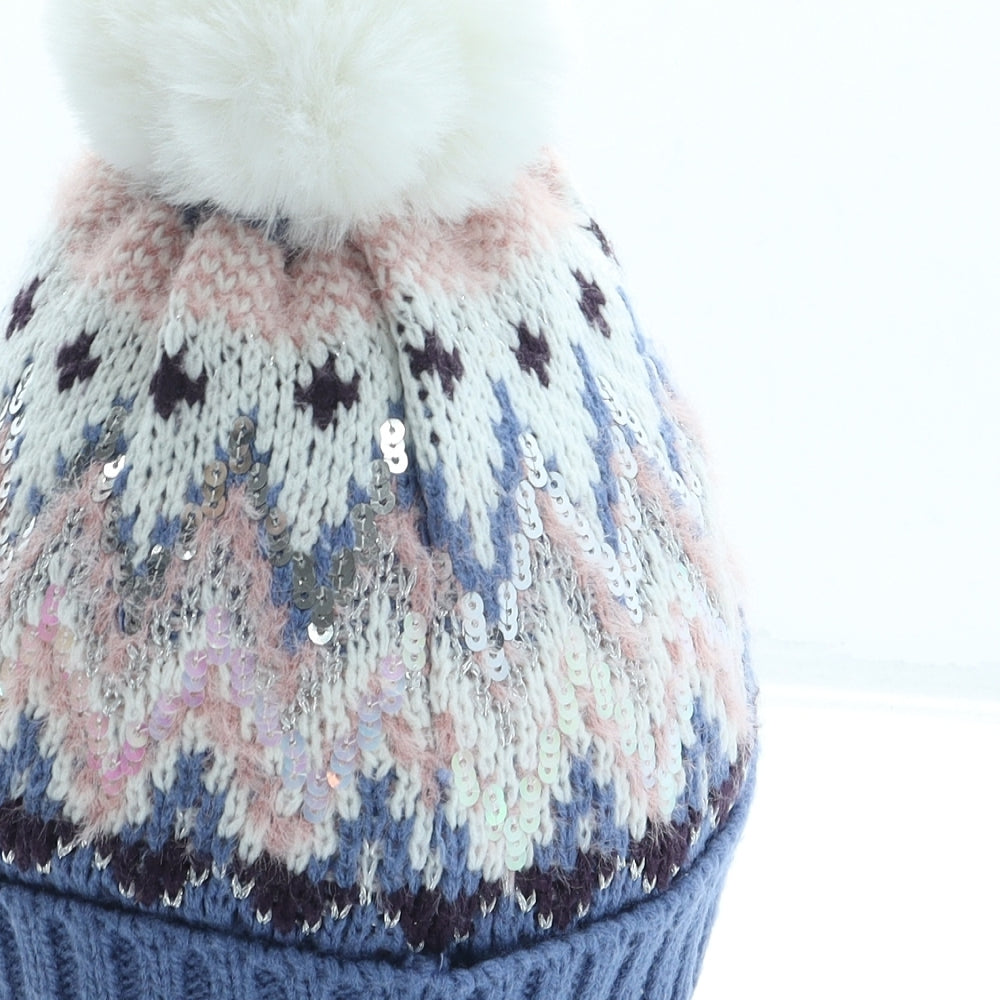 George Girls Blue Geometric Acrylic Bobble Hat One Size - Pom Pom