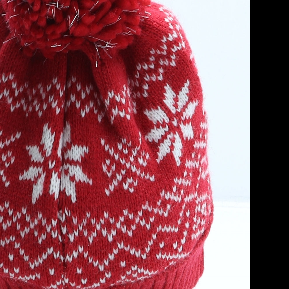 Primark Girls Red Fair Isle Acrylic Bobble Hat One Size