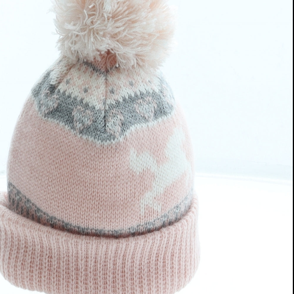 Primark Girls Pink Fair Isle Acrylic Bobble Hat Size S - Unicorn