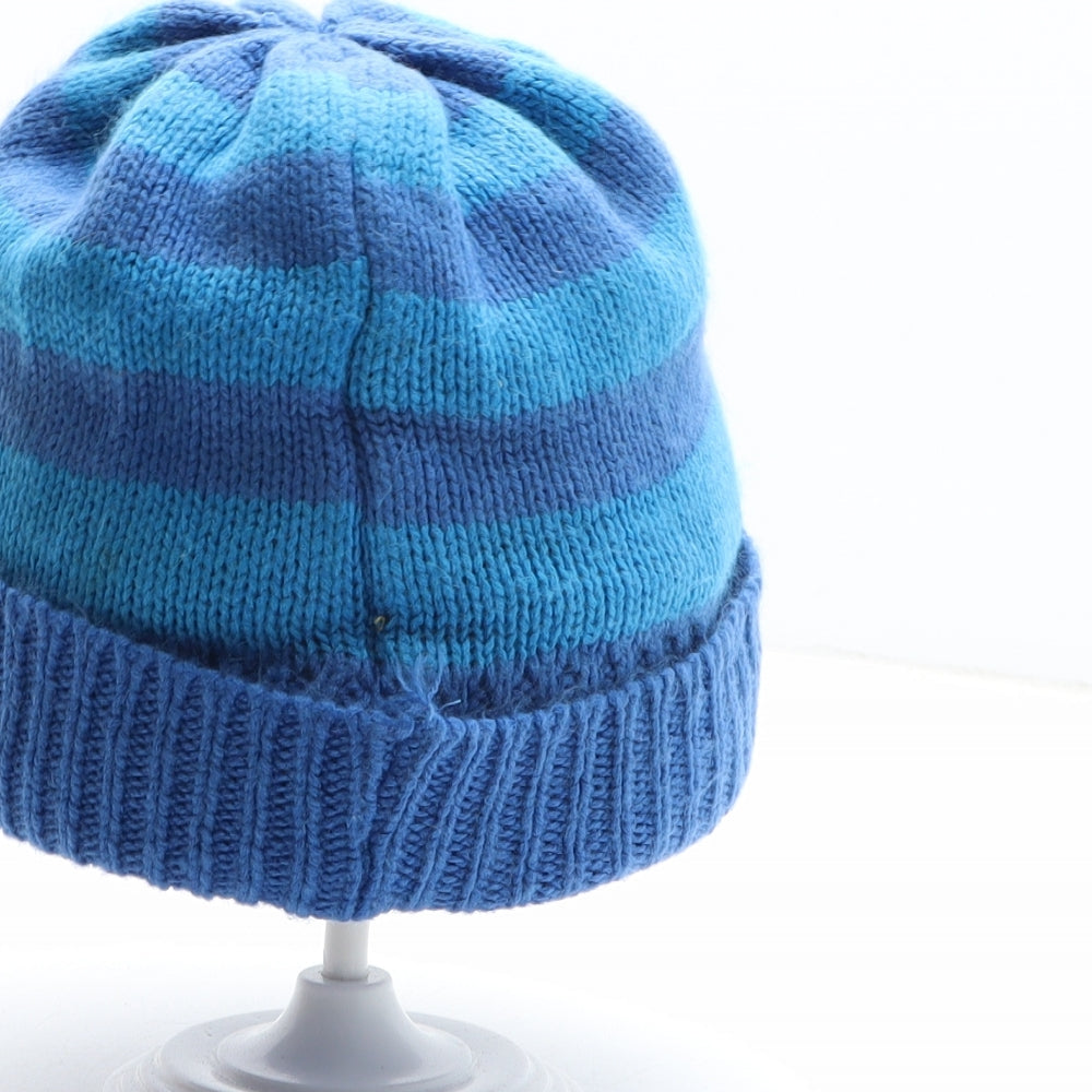 Preworn Boys Blue Striped Acrylic Beanie One Size - Shark Detail