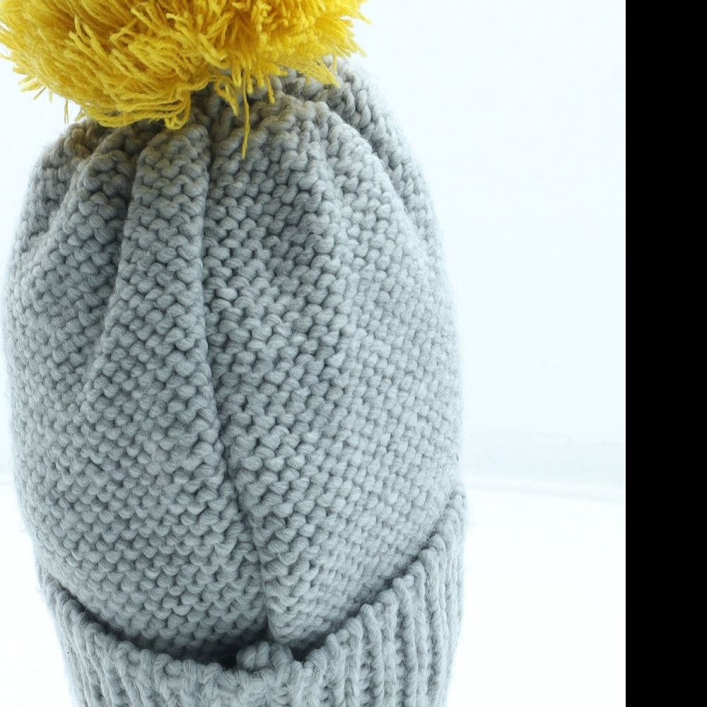 George Girls Grey Floral Acrylic Bobble Hat One Size
