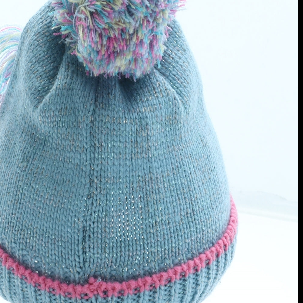 Preworn Girls Blue Acrylic Bobble Hat Size S - Unicorn Detail
