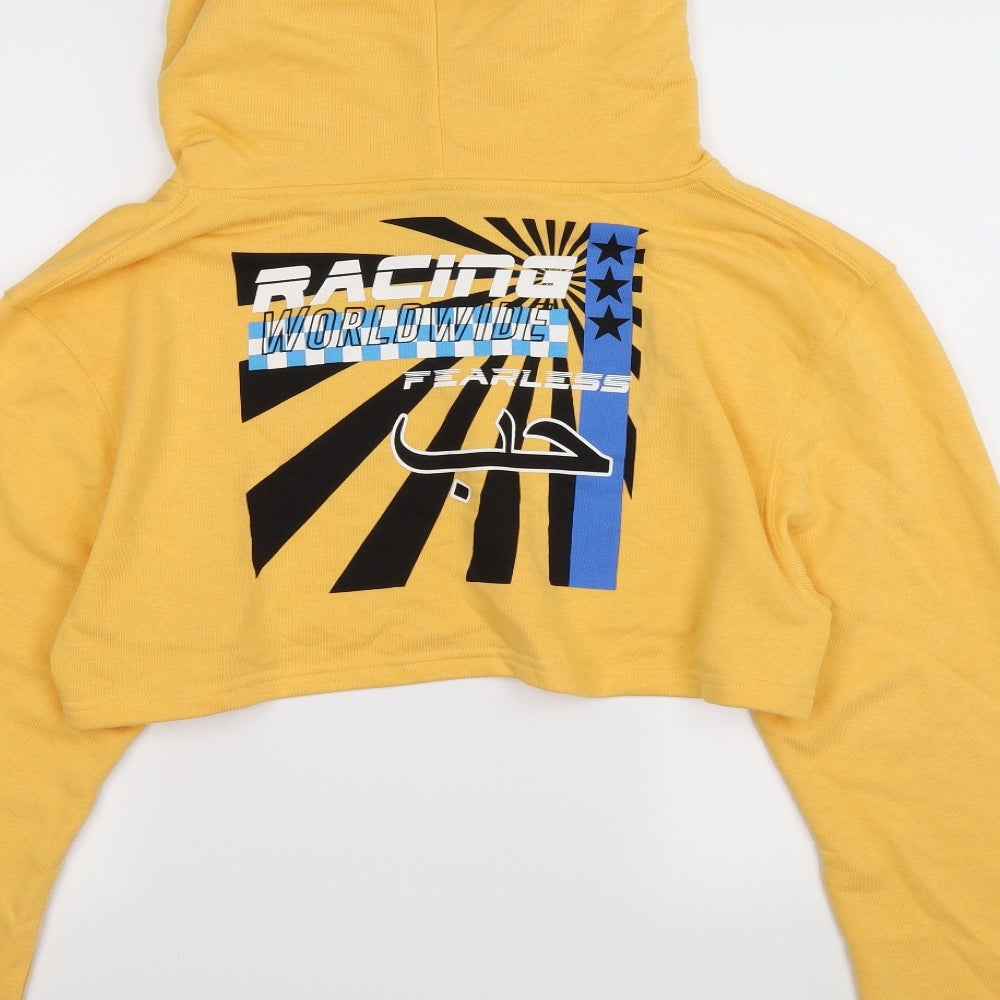 Brand and care label for Illustrated People women’s yellow jersey pullover hoodie, size M, - racing. cropped