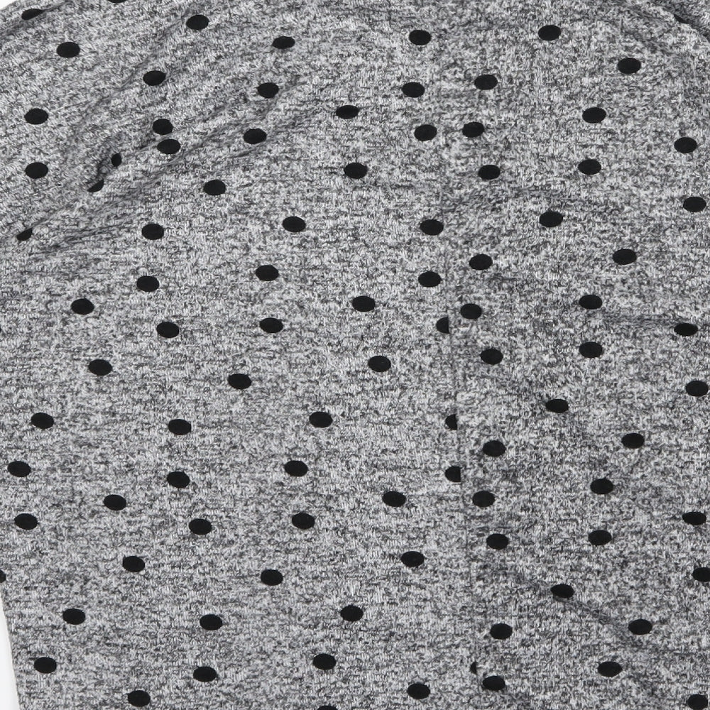 Brand and care label for Dorothy Perkins women’s grey polka dot jersey jumper, size UK 14