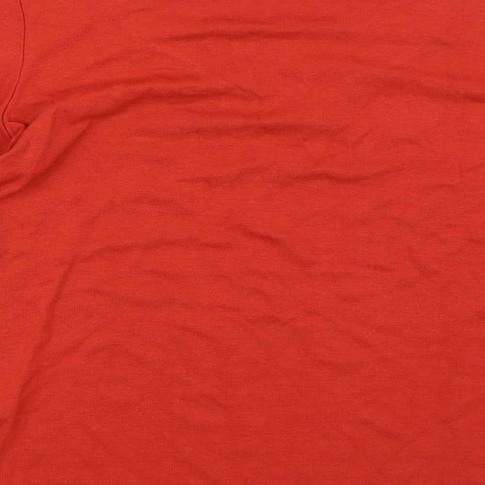 Brand and care label for Elite collection women’s red basic blouse, size UK 12