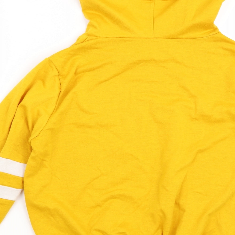Brand and care label for Preworn women’s yellow striped pullover hoodie, size M