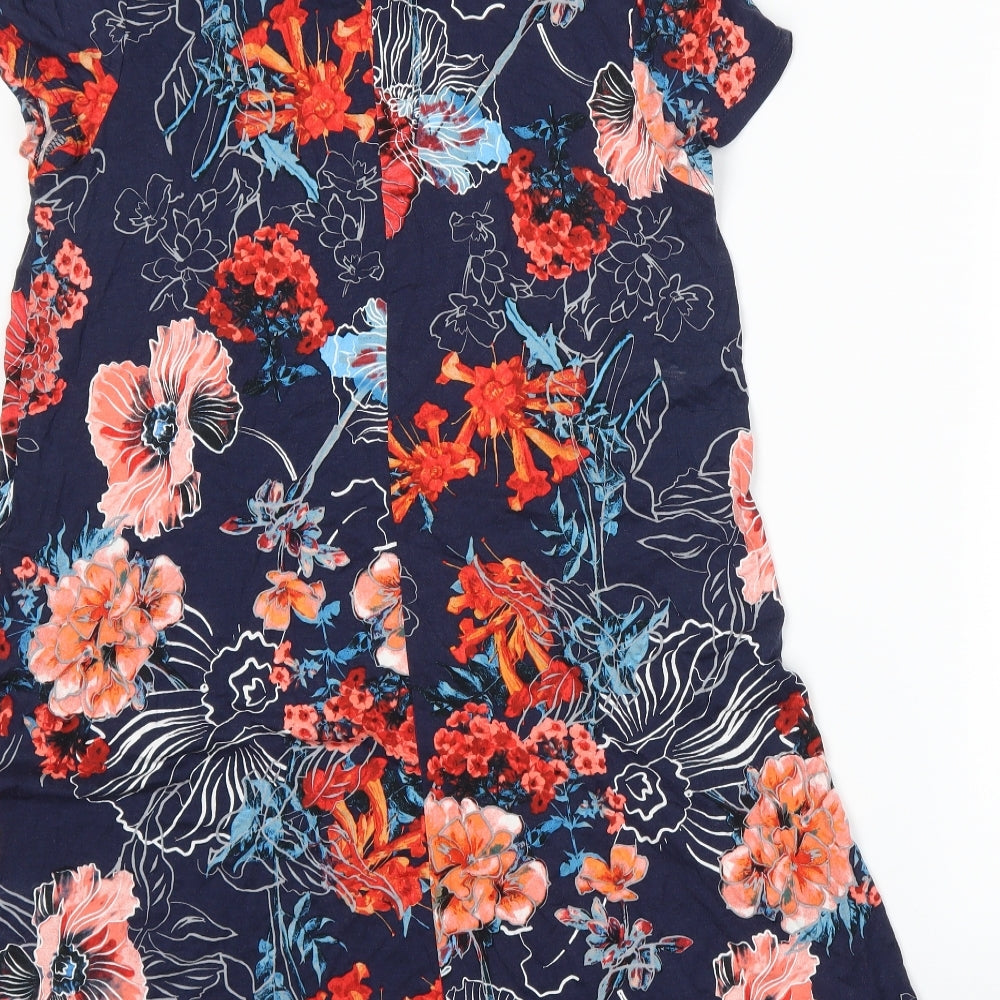Brand and care label for Tu women’s blue floral a-line, size UK 12
