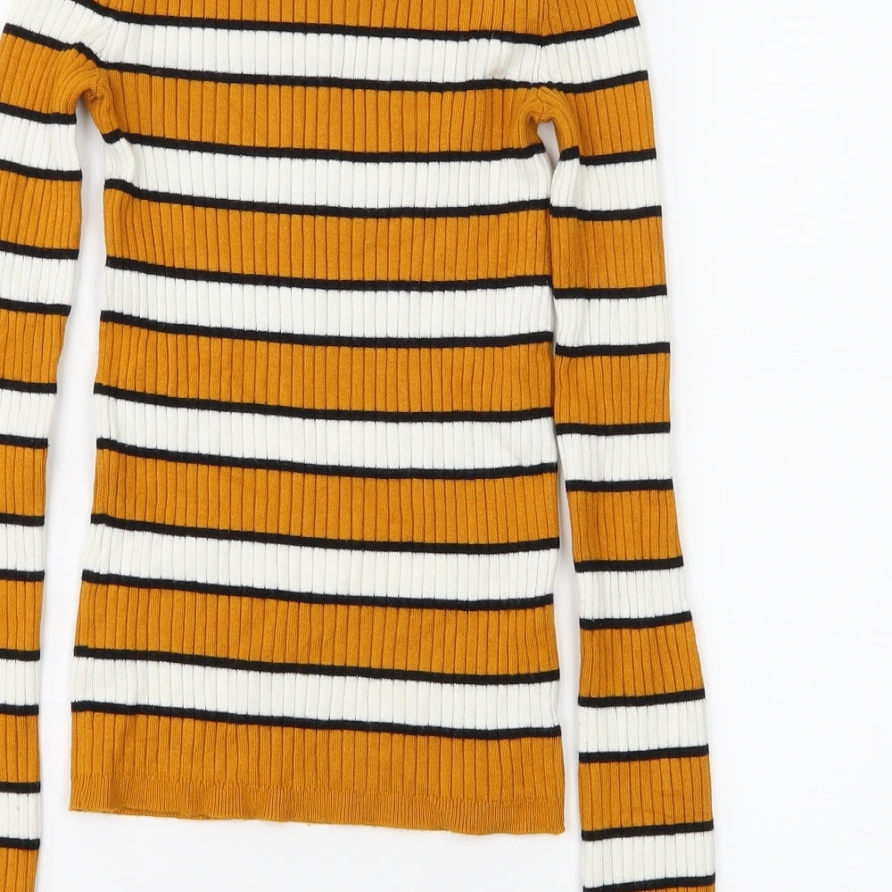 Bershka Womens Orange Striped Jersey Basic T-Shirt Size XS