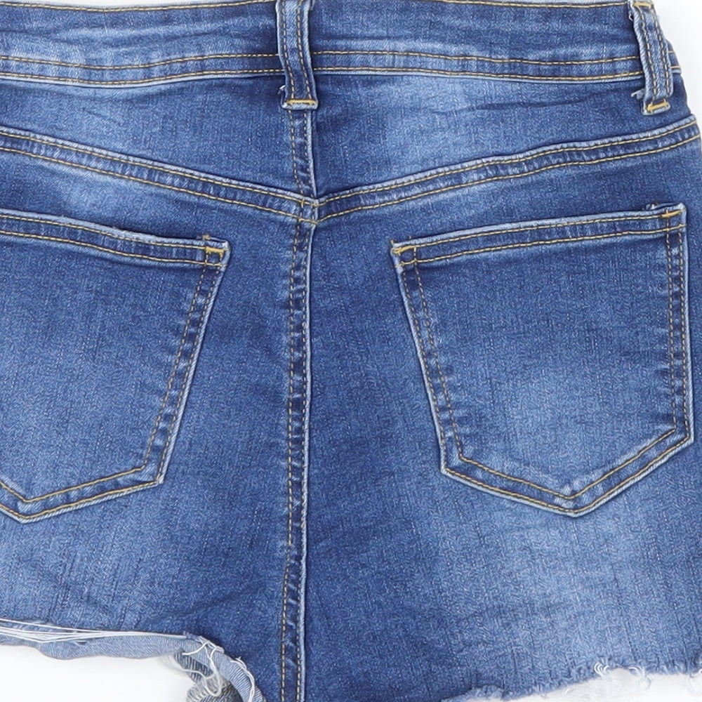 SHEIN Womens Blue Denim Hot Pants Shorts Size S - Ripped