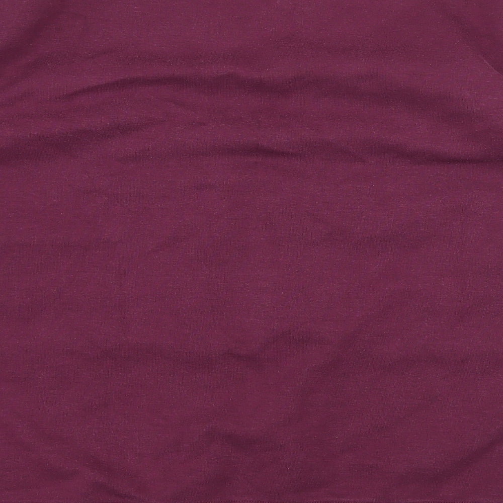 Brand and care label for H&M women’s purple striped jersey pullover sweatshirt, size M