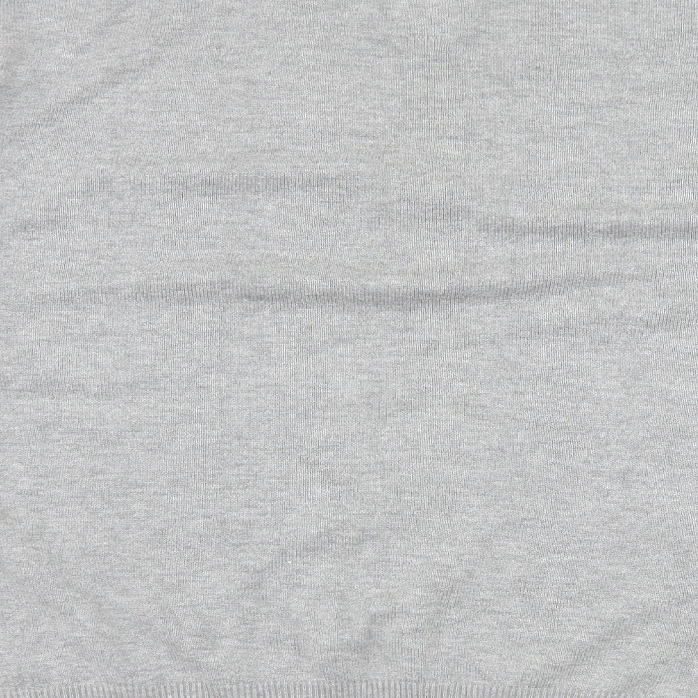 Brand and care label for Henleys men’s grey striped knit jumper, size M