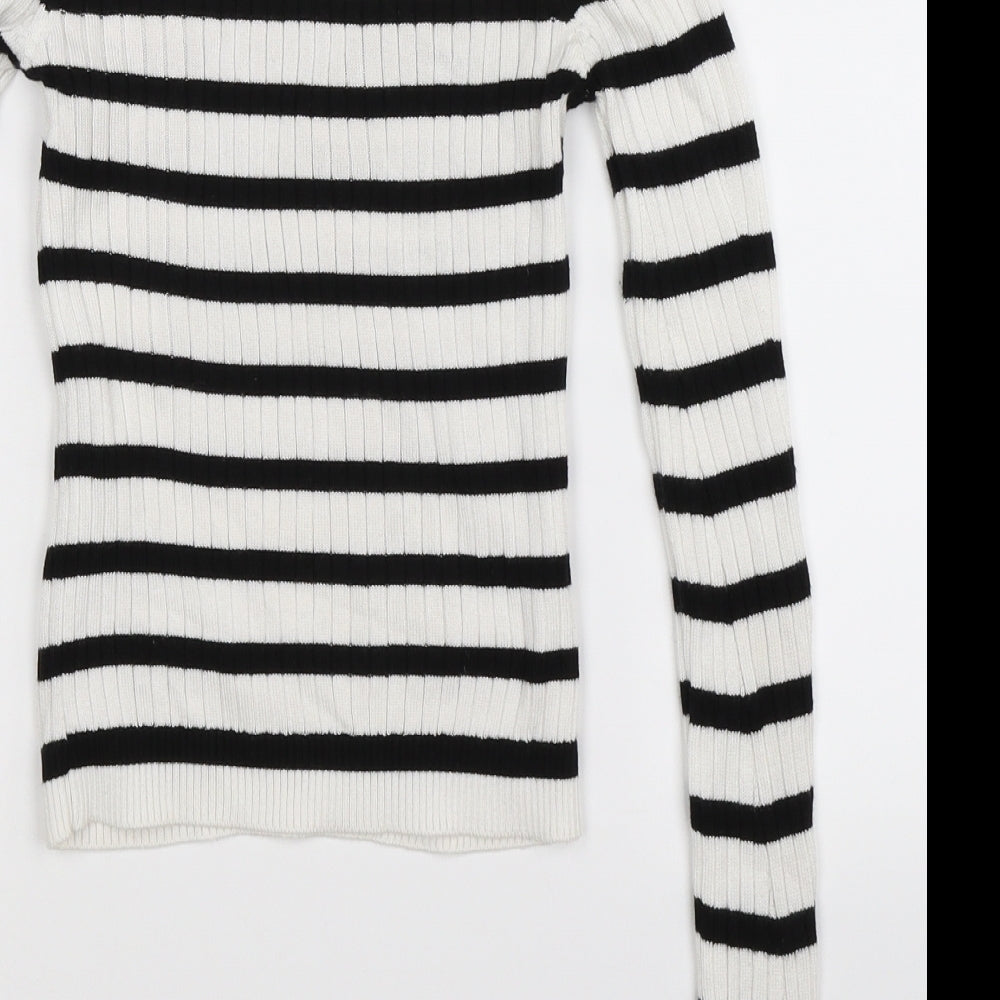 Brand and care label for Topshop women’s white striped knit jumper, size UK 4