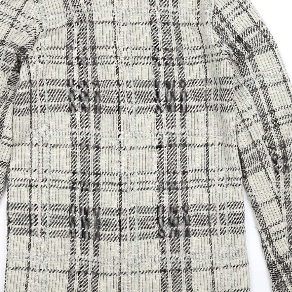 Brand and care label for New Look women’s beige check cardigan jumper, size UK 8