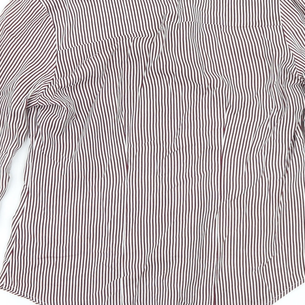 Brand and care label for Primark women’s purple striped basic button-up, size UK 8