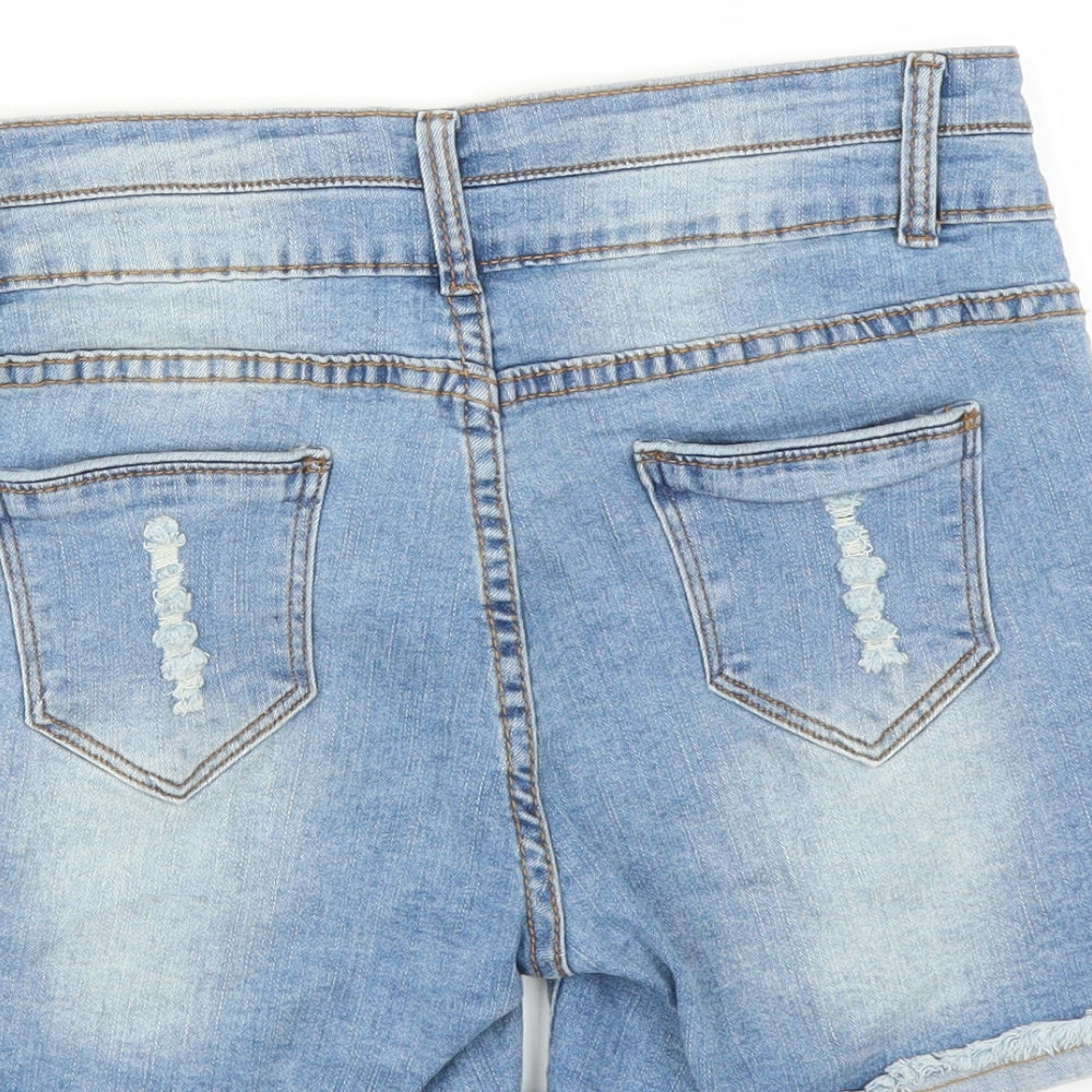 Preworn Womens Blue Denim Hot Pants Shorts Size 6 - DISTRESSED