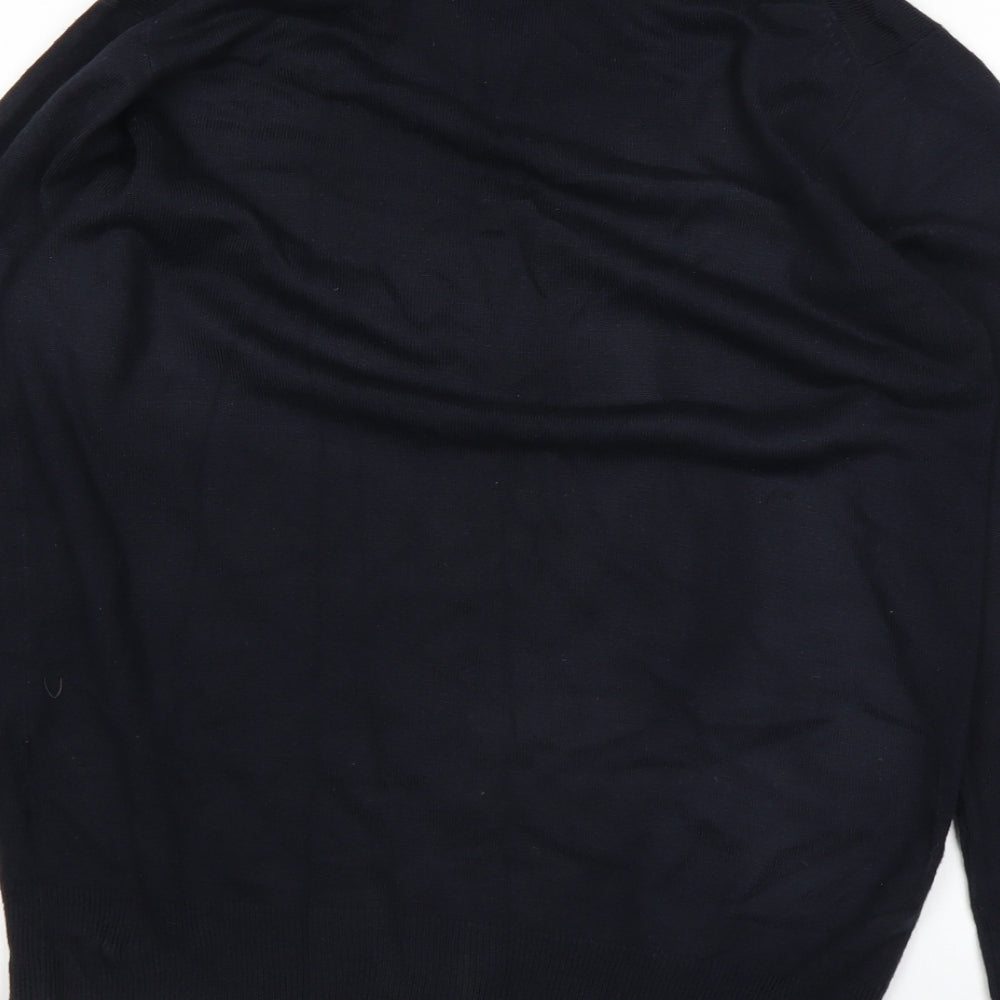 Brand and care label for EWM men’s blue jumper, size S