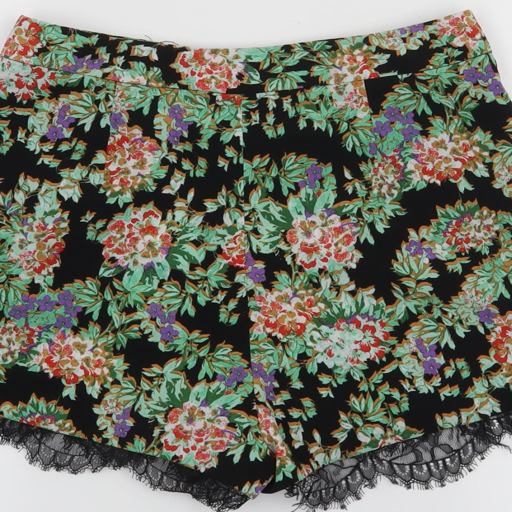 Topshop Womens Black Floral Hot Pants Shorts Size 6
