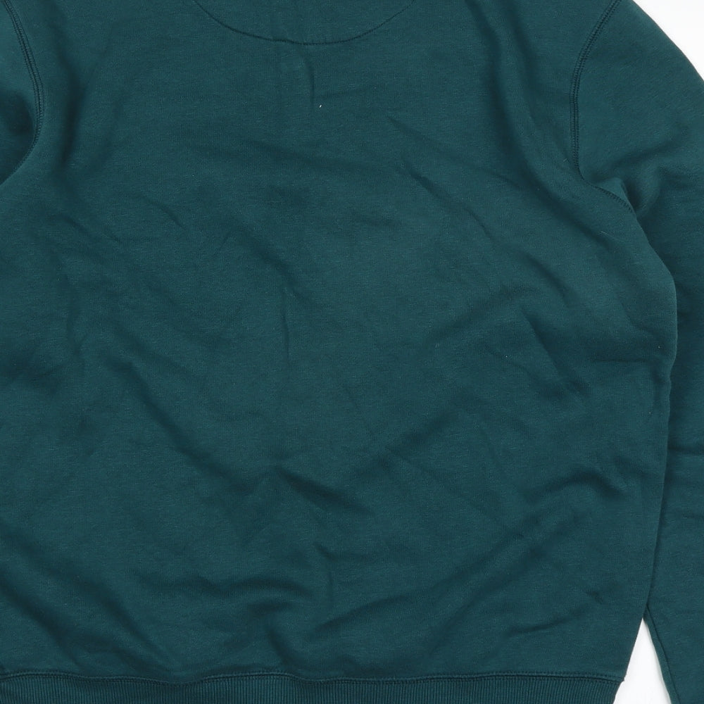 Brand and care label for Easy men’s green jumper, size M