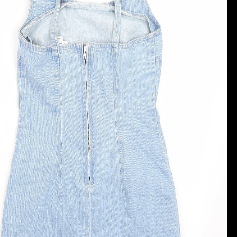 Brand and care label for Miss Selfridge women’s blue rayon a-line, size UK 4