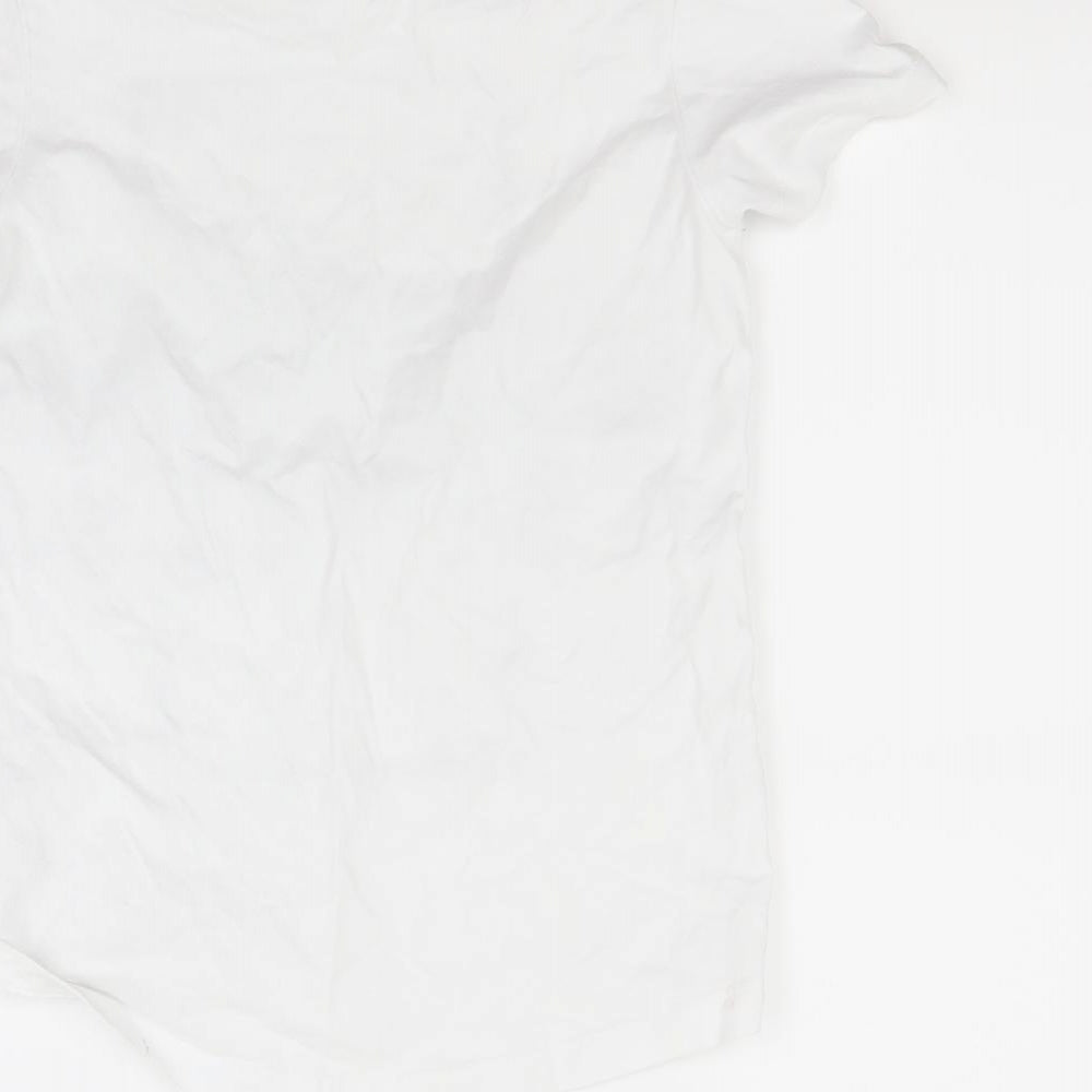 Brand and care label for Nutmeg girls’ white basic t-shirt, size 8-9, years