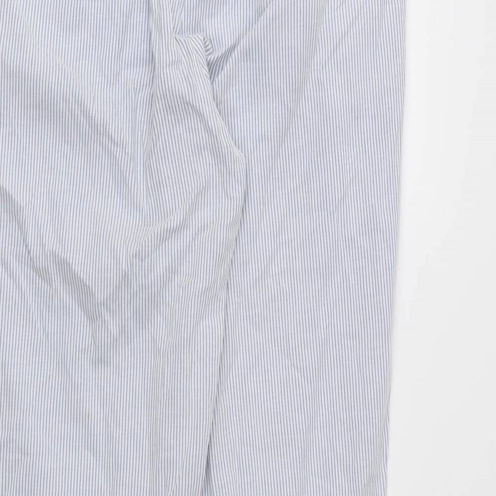 Brand and care label for Zara women’s white striped trousers, size UK 36, in, 27-inch leg