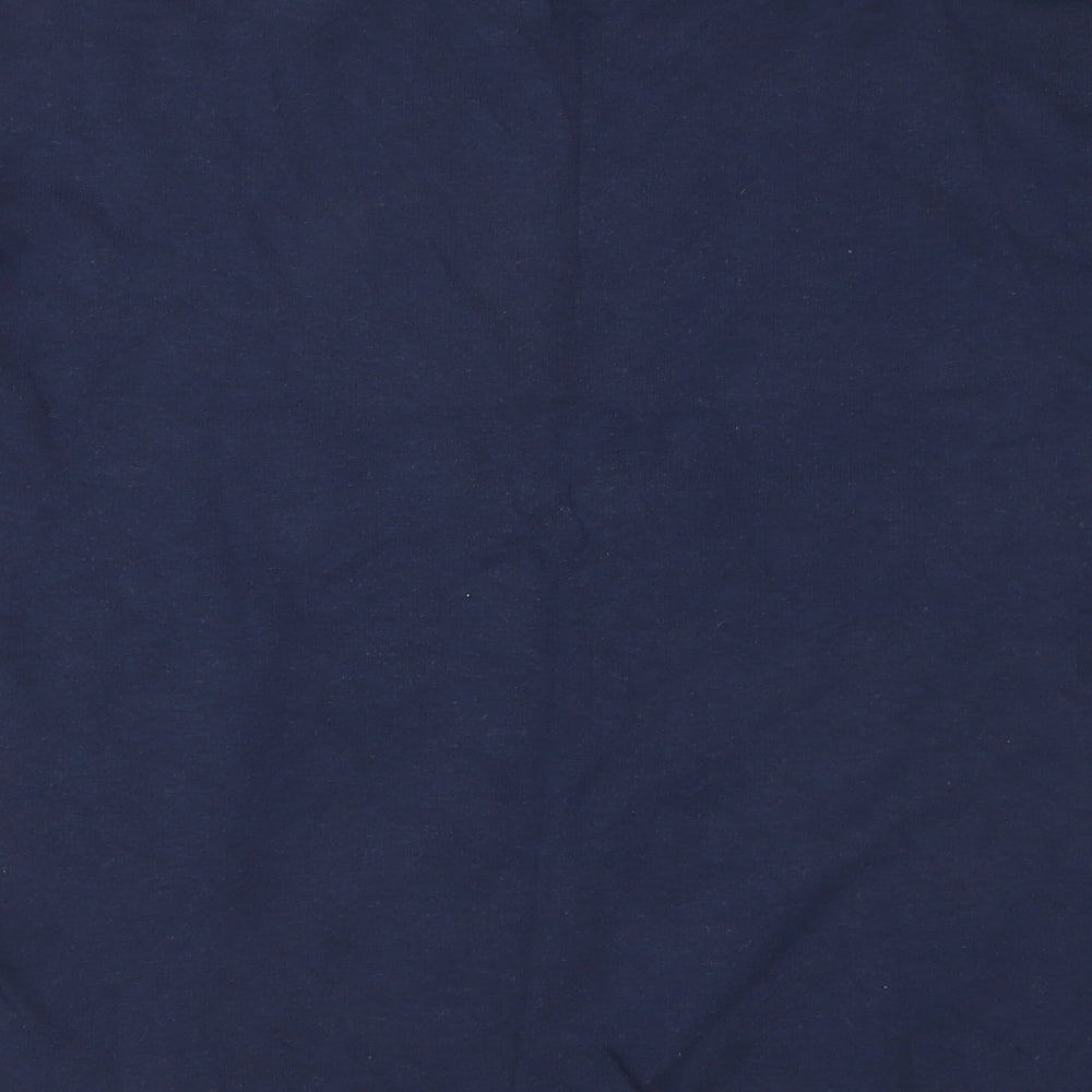 Brand and care label for H&M girls’ blue pullover sweatshirt, size 13-14, years
