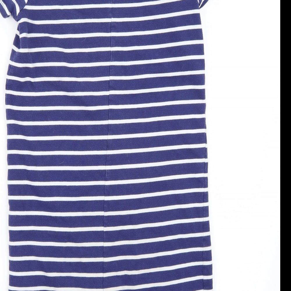 Brand and care label for Next girls’ blue striped playsuit one-piece, size 12, years