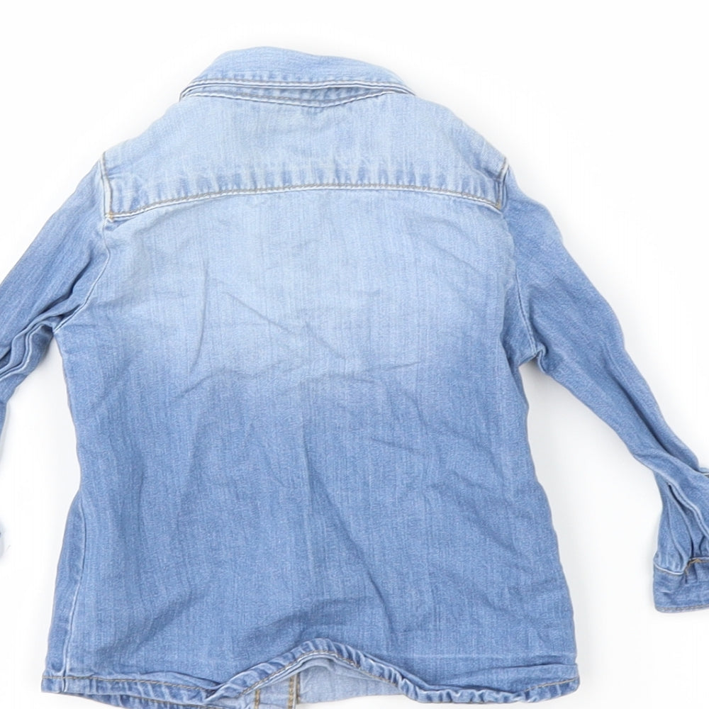 Brand and care label for Primark girls’ blue denim basic button-up, size 6-9, months