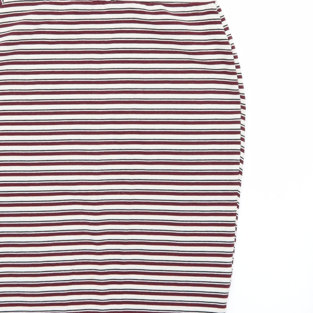 Brand and care label for Primark women’s purple striped a-line skirt, size UK 8
