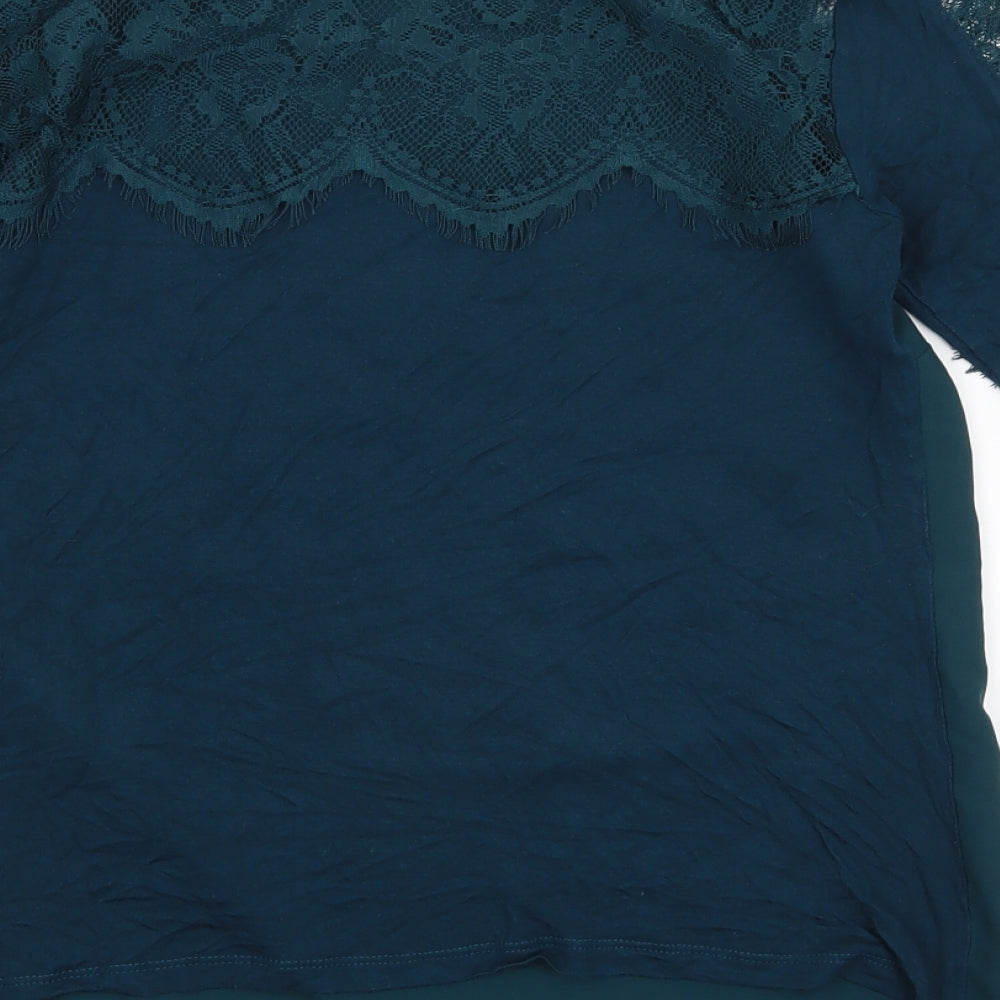 Brand and care label for Warehouse women’s green basic blouse, size UK 8