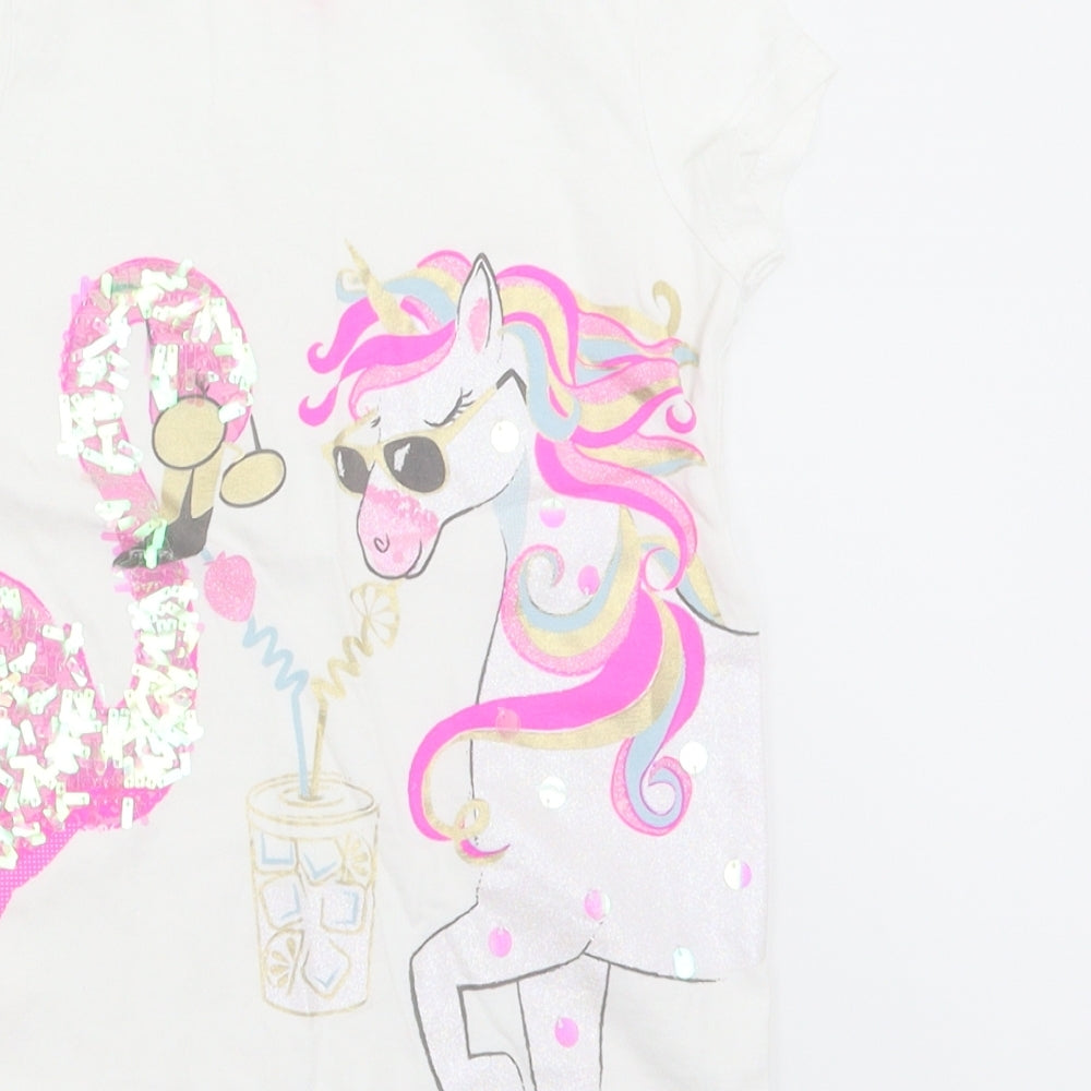 F&F Girls White Basic T-Shirt Size 5-6 Years - Unicorn Flamingo