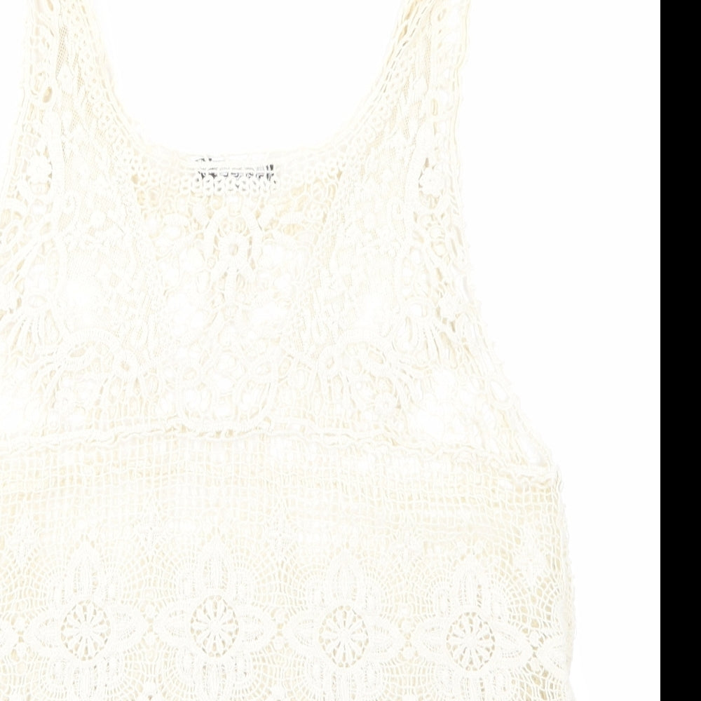 Select Womens Beige Floral Lace Basic T-Shirt Size S