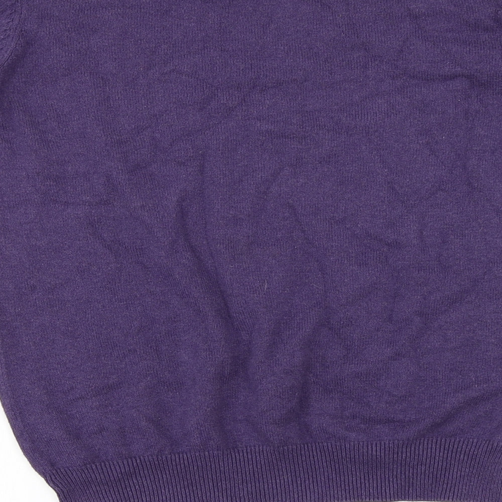 Brand and care label for H&M men’s purple jumper, size S