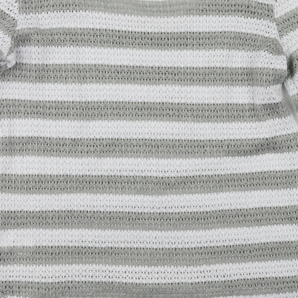 Brand and care label for Next women’s green striped jumper, size UK 10