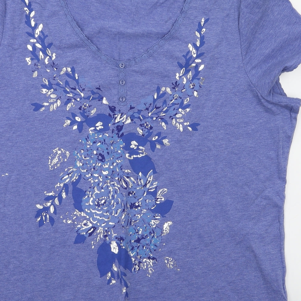BM Womens Blue Floral Basic T-Shirt Size L
