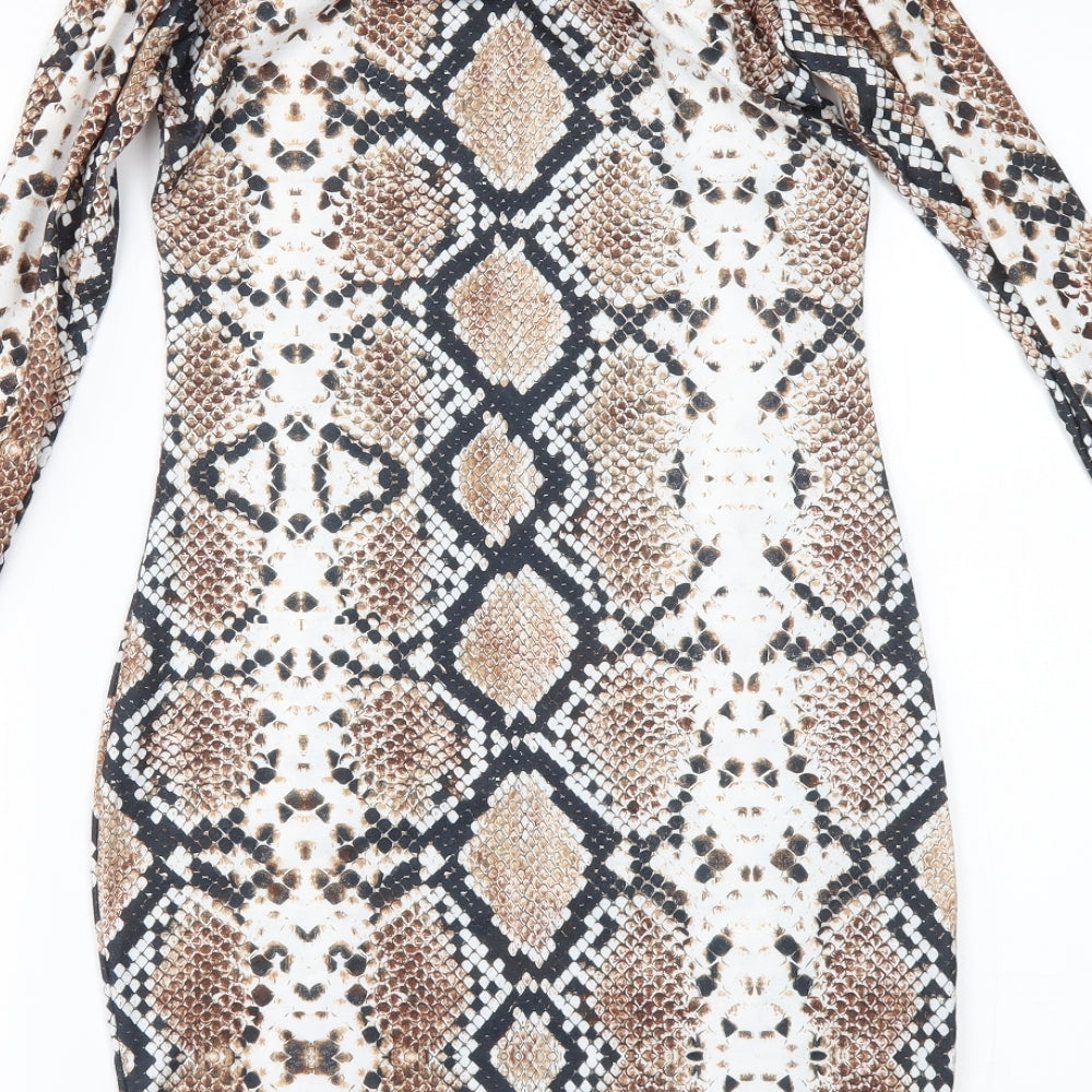 PRETTYLITTLETHING Womens Brown Animal Print Bodycon Size 10