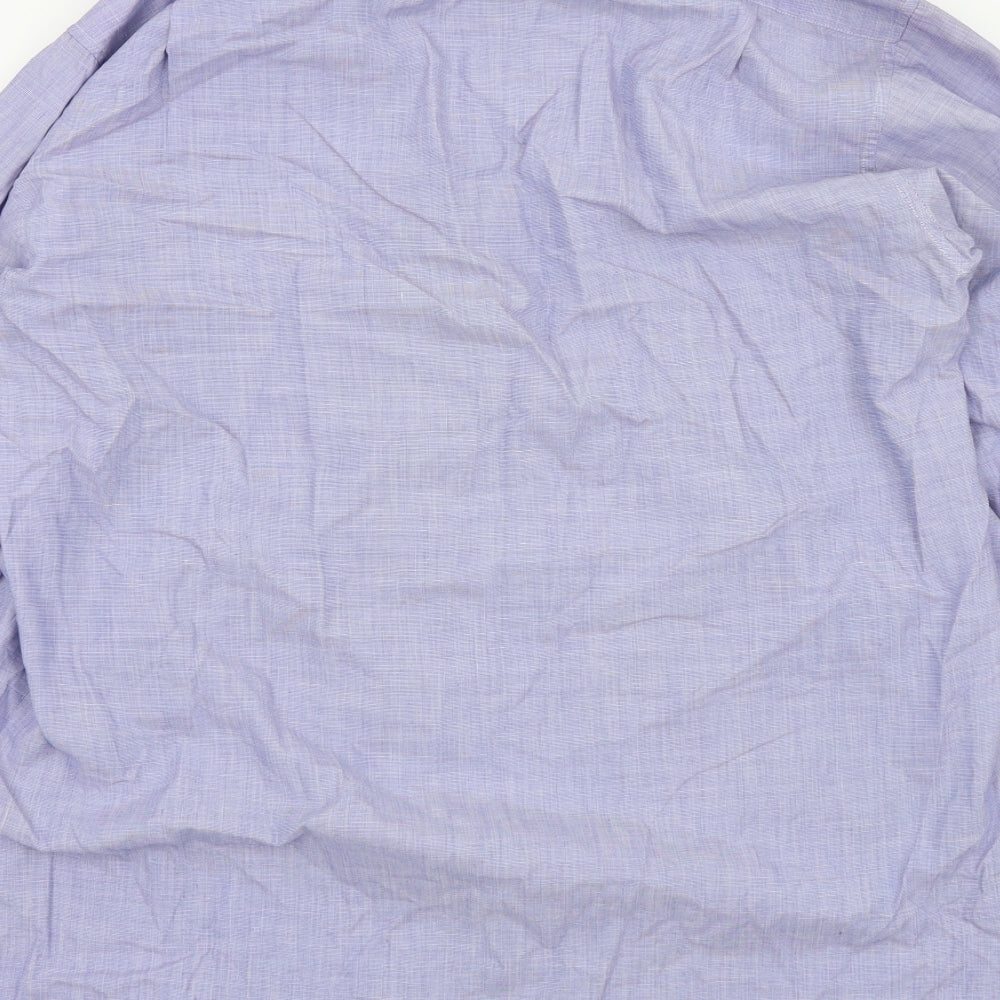 Brand and care label for Debenhams men’s blue button-up, size M