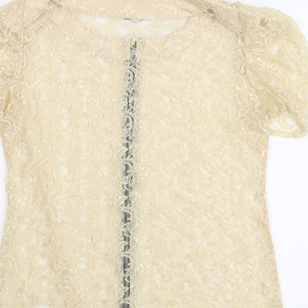 Preworn Womens Beige Floral Lace Basic Blouse Size M