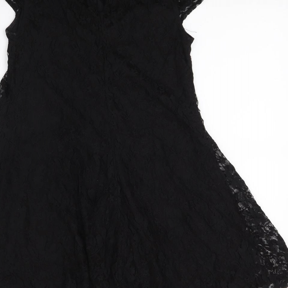 Brand and care label for Atmosphere women’s black floral a-line, size UK 8