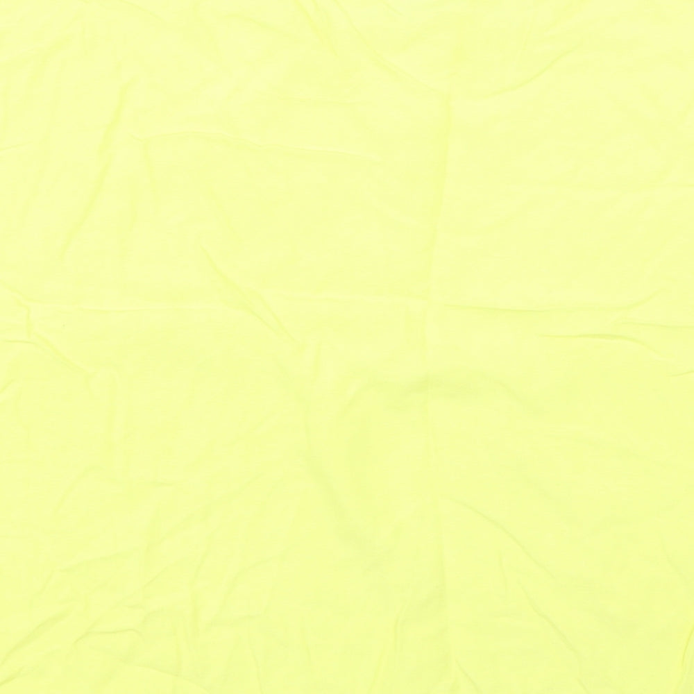 Brand and care label for Atmosphere women’s yellow rayon basic t-shirt, size UK 12