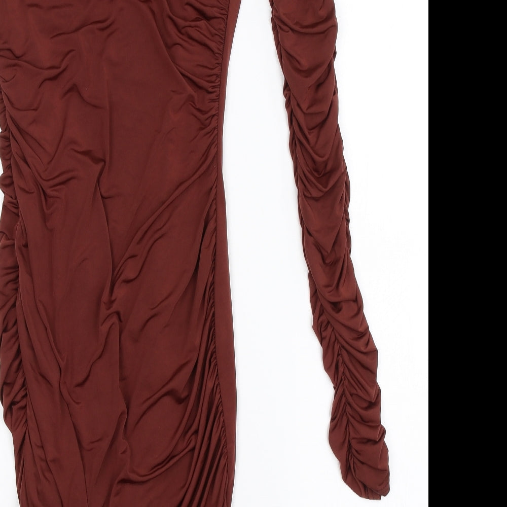 Brand and care label for Missguided women’s brown bodycon, size UK 8