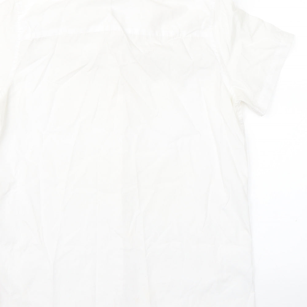 Brand and care label for F&F girls’ white basic button-up, size 13-14, years