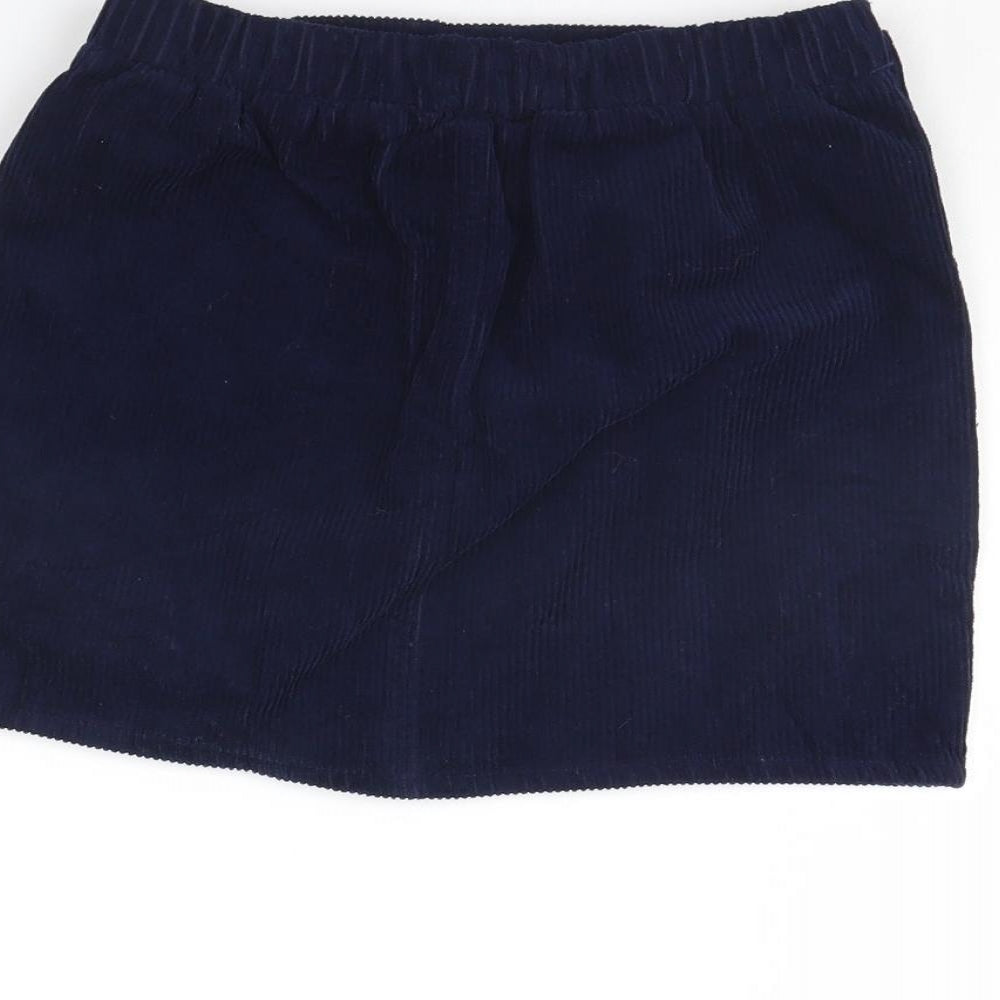 Brand and care label for Denim & Co. girls’ blue corduroy mini skirt, size 8, years