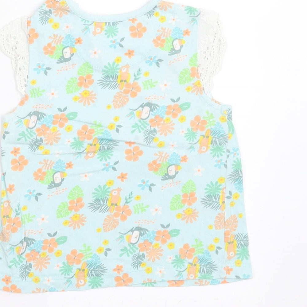Nutmeg Girls Green Floral Basic T-Shirt Size 9-12 Months - Crochet Sleeve Detail