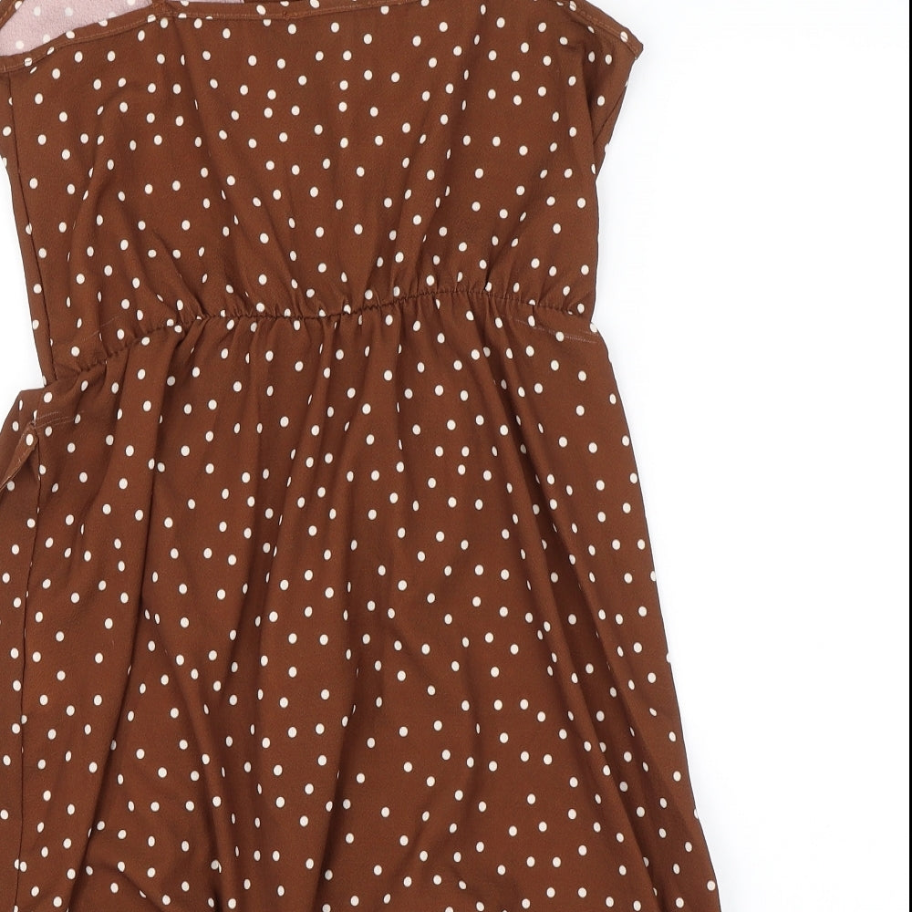 Boohoo Womens Brown Polka Dot Skater Dress Size 8
