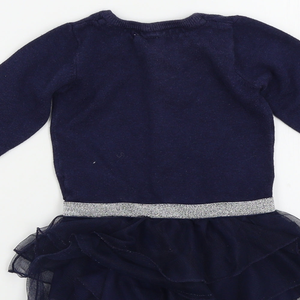 Brand and care label for NAME IT girls’ blue colourblock jumper, size 9-12, months