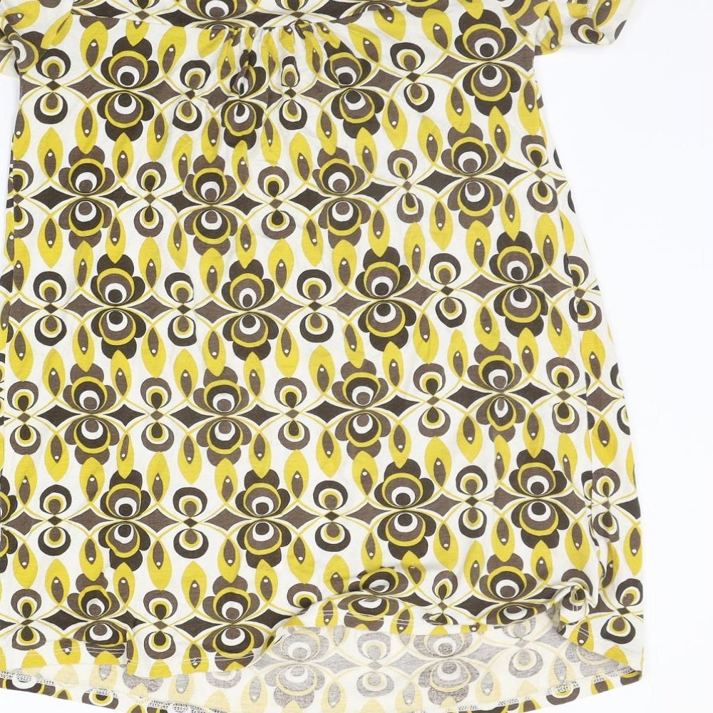 Brand and care label for Papaya women’s yellow geometric basic t-shirt, size UK 8