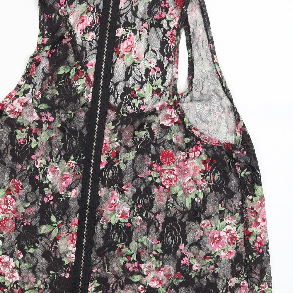 Select Womens Black Floral Basic T-Shirt Size 12 - Zip back