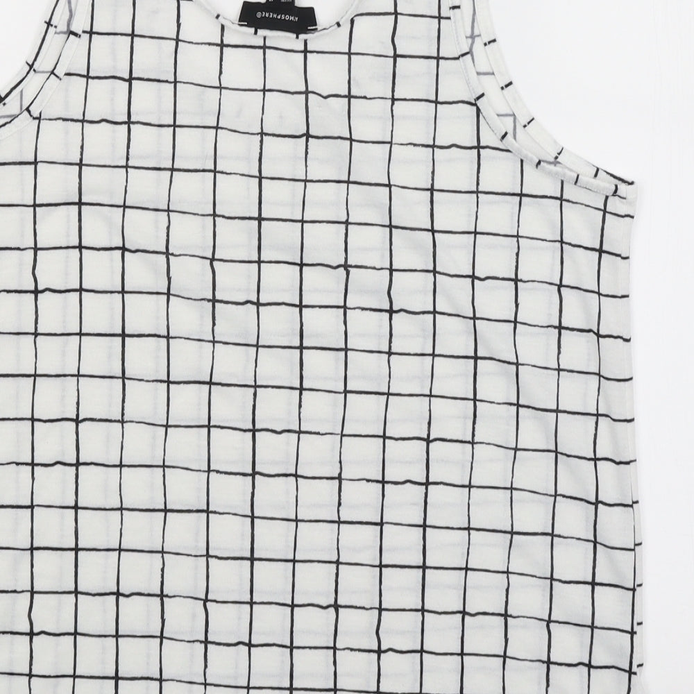 Brand and care label for Atmosphere women’s white check basic tank, size UK 12